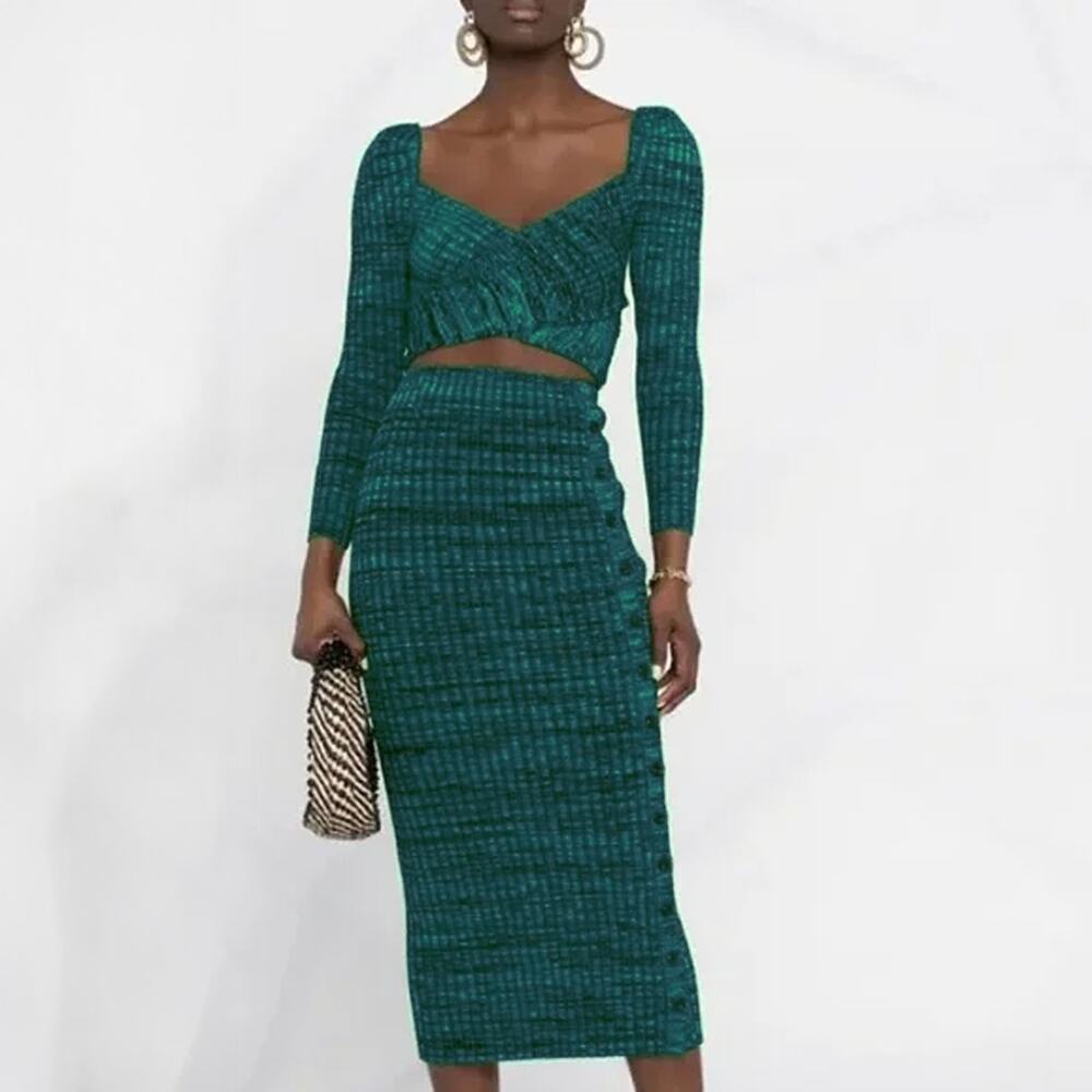 Self-Portrait Green Black Ribbed Crossover Top & Midi Skirt Size M